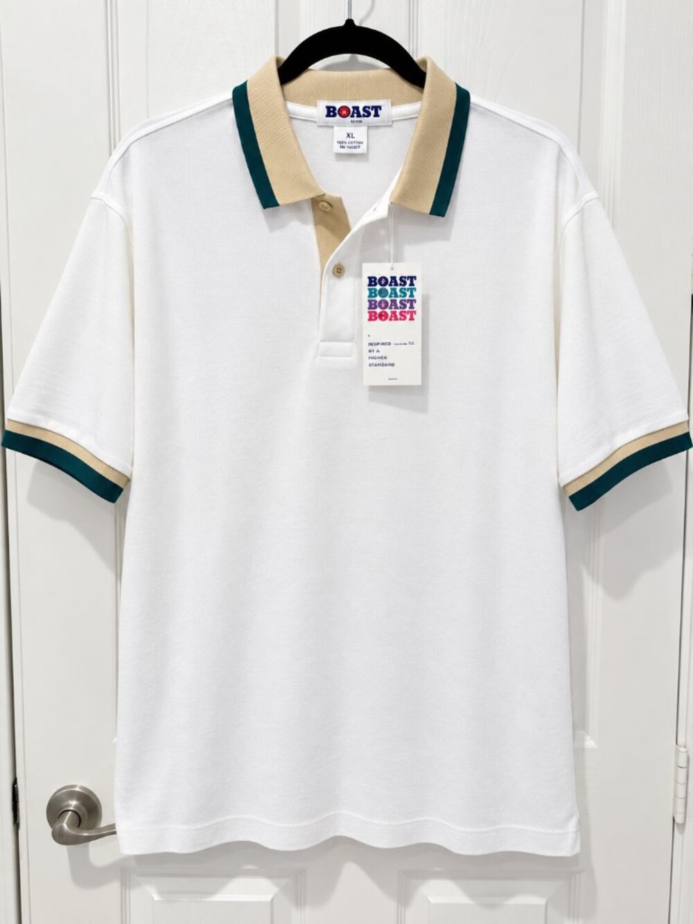 NWT BOAST Polo Shirt Men L White Tan Tartan Green 100% Cotton Golf Tennis